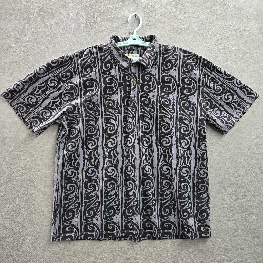Crazy Shirts Men Polo XL Black Geometric Hawaiian Shirt‎ Short Y2K